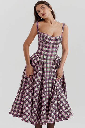 Woochic robe cocktail bretelles le motif à carreaux imprimée florale rose S